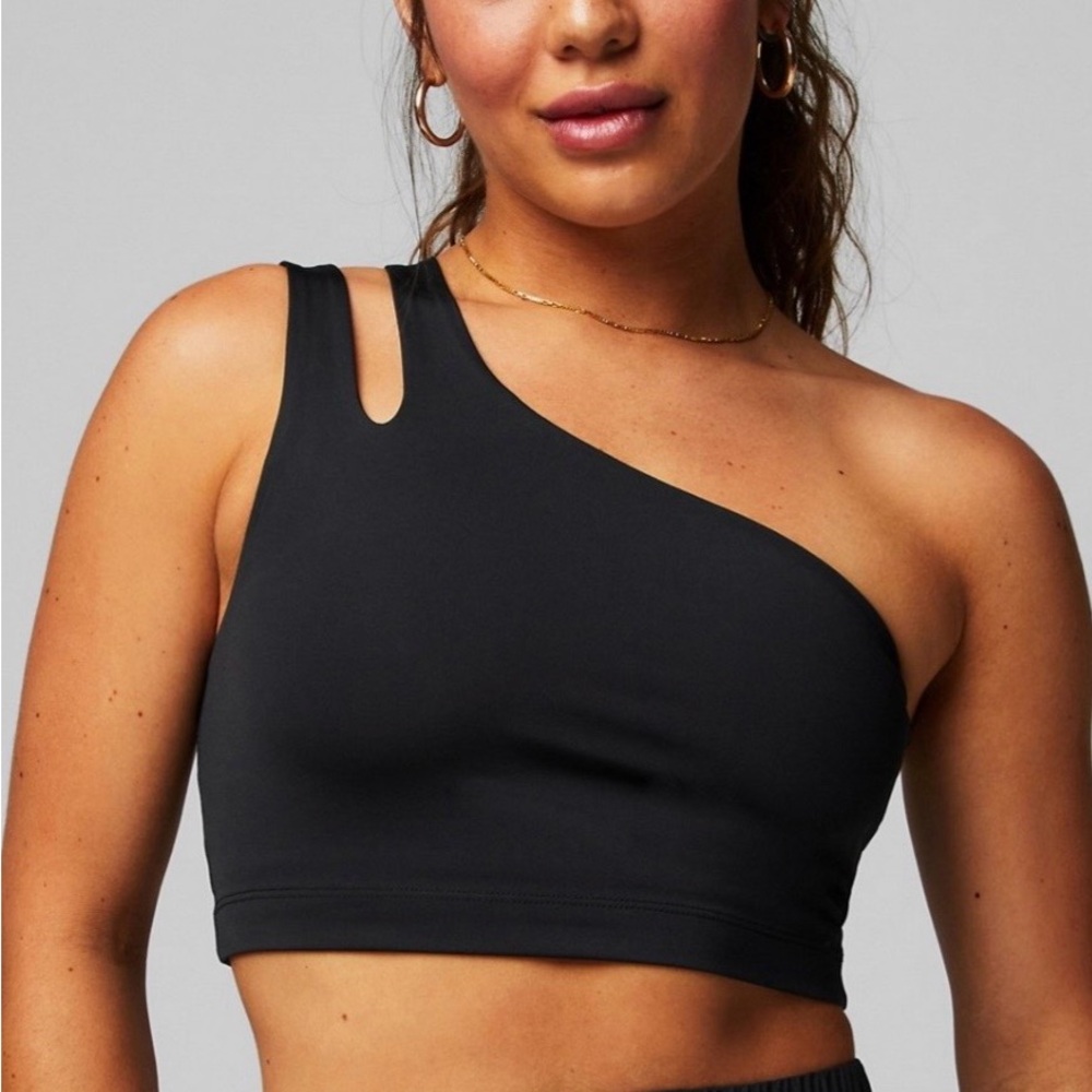 Fabletics Asymmetrical Double Strap Midi Sports Bra, Black, Large